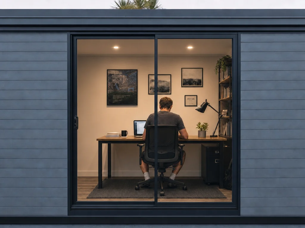 A person working at a desk inside a RoomDrop® cabin office at dusk