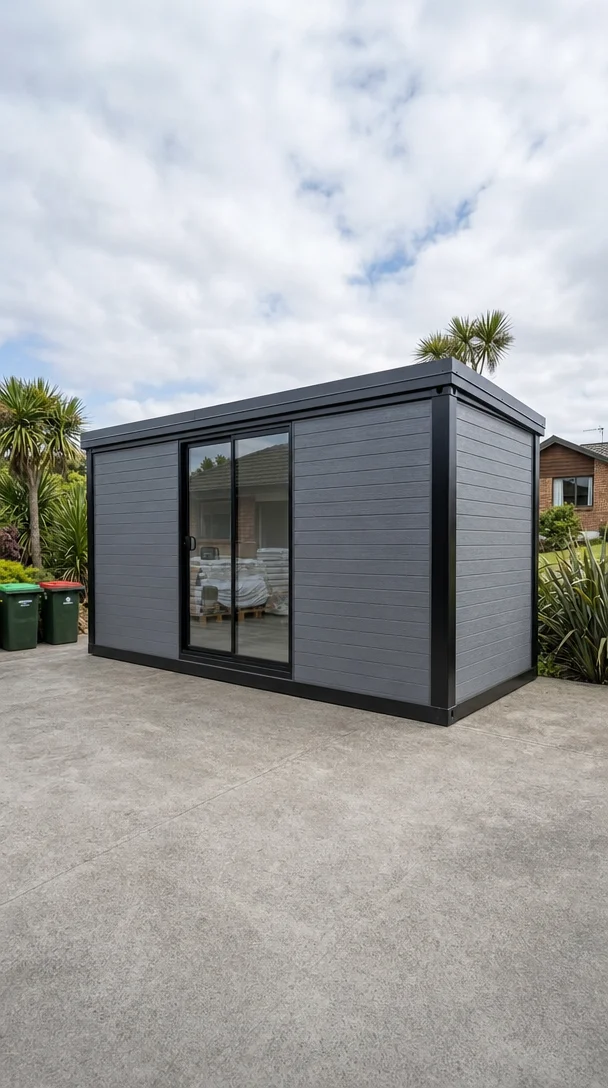 RoomDrop® portable studio cabin delivered and set up in a backyard