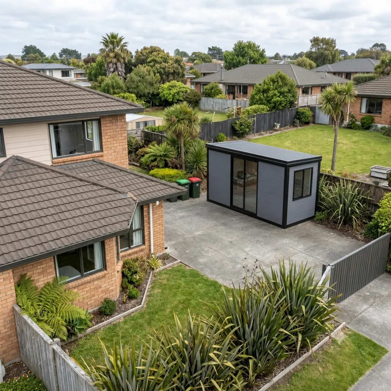 Aerial view of a grey RoomDrop® studio cabin in a Christchurch backyard
