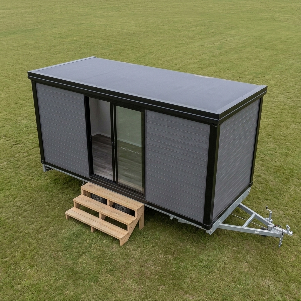 Exterior view of a RoomDrop® cabin on its trailer chassis