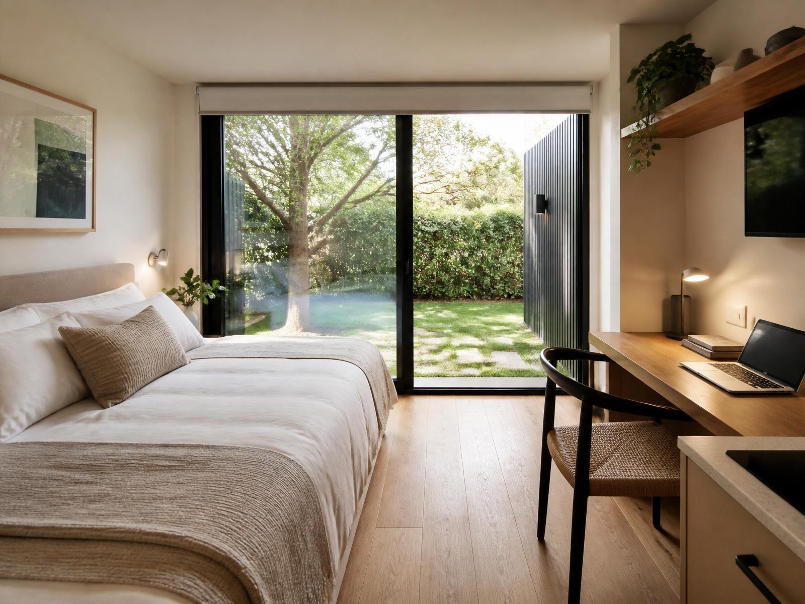 Interior of a RoomDrop cabin — queen bed, desk and sliding glass door onto the garden